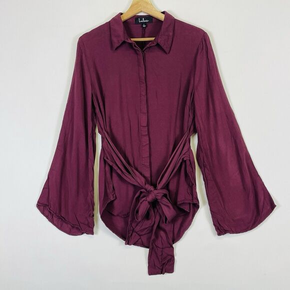 Lulus Mason Burgundy Long Sleeve Tie Front Back Cutout Shirt Top Women's Large - Picture 1 of 11